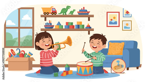 Two happy children playing musical instruments including a trumpet and drum in a cozy playroom filled with various toys.