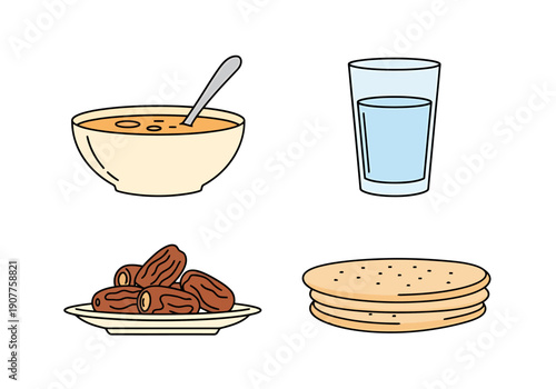 Healthy Meal Set Featuring Soup Dates Flatbread And Water For Nourishment And Sustenance With Clean Lines And Simple Design Elements