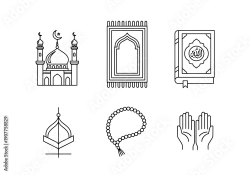 Islamic Cultural Symbols Collection Featuring Mosque Prayer Mat Holy Book Misbaha and Hands in Prayer for Religious and Cultural Projects