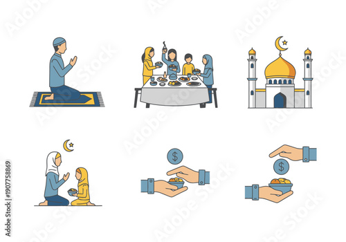 Islamic Culture Traditions Family Prayer Feast Mosque Charity Giving Alms Religious Observances Spiritual Connection Community Gathering