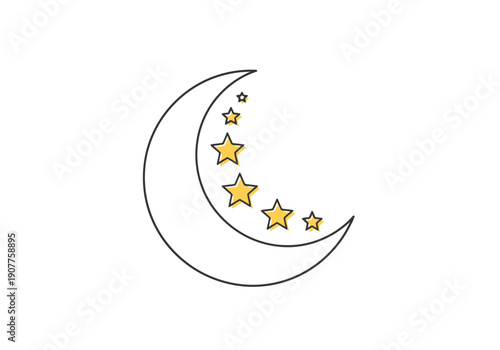 Stylized Crescent Moon Silhouette with Glowing Star Constellation Collection on White Background Simple Night Sky Celestial Element