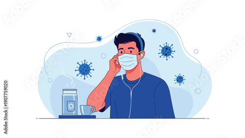 Man wearing a protective face mask and headphones while using a smartphone during the pandemic with virus icons in the background.