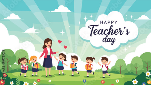 Happy Teacher Day celebration with a teacher and group of school children giving gifts in a beautiful green park scenery.