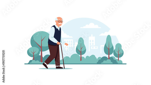 Senior man walking with a cane through a city park with green trees and buildings in the background during a bright day.