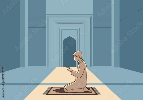 Man bows in prayer within an ornate architectural setting illuminated by sunlight streaming through archways
