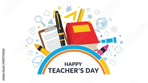 Happy Teacher Day greeting card design featuring school supplies, books, and stationery items arranged in a creative circle.
