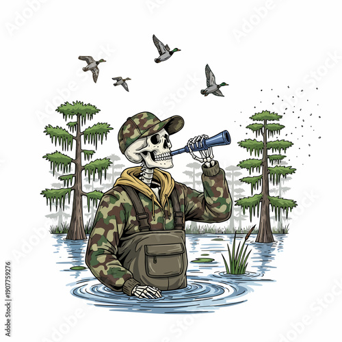 Skeleton hunter wearing camouflage waders blowing duck call in swamp with flying mallards