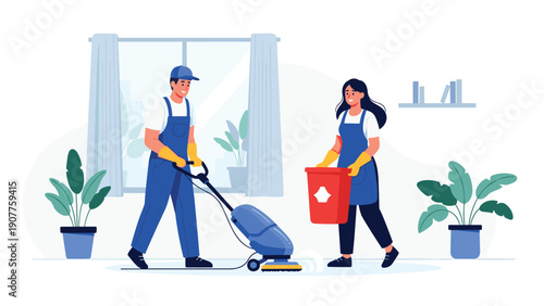 Professional cleaning staff in blue uniforms using a floor machine and carrying a trash bin in a bright office or home interior.