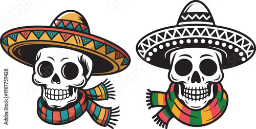 Mexican Skull with Sombrero and Striped Scarf, Dia de los Muertos Design