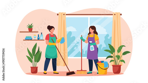 Two women in aprons cleaning a bright room together with a broom and spray bottle near a large window with green houseplants.
