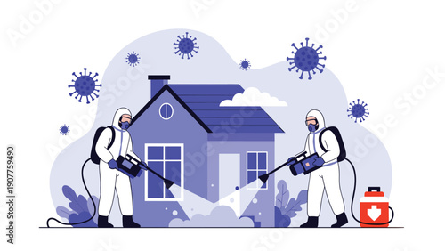 Specialized sanitation team wearing hazmat suits while disinfecting a residential house to prevent the spread of virus during a global pandemic.