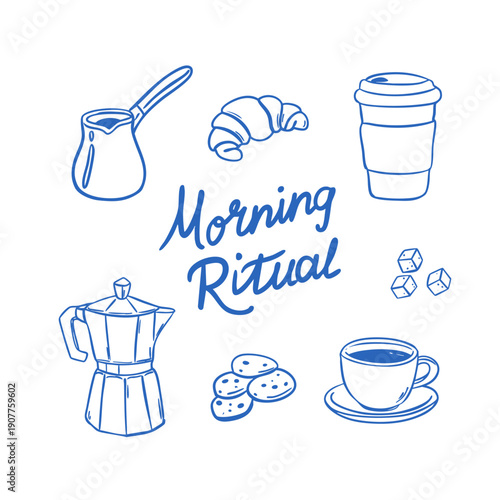 Cafe clipart set with moka pot, cup, croissant, cookies, takeaway coffee and Morning ritual lettering. Vector quick sketch line art in doodle ink style for coffee shop branding and bakery menus.