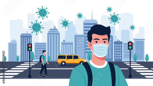 Urban life during a pandemic with a man in a face mask walking across a city street with virus icons floating in the air above buildings.