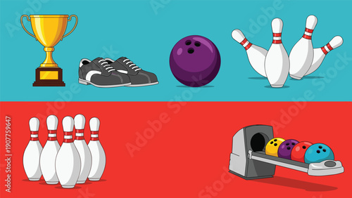 Comprehensive set of bowling equipment items including pins balls shoes a trophy and a ball return machine on a split color background.