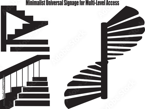 Minimalist black silhouette icons depicting various staircases including straight and elegant spiral stairways