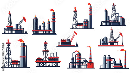Diverse collection of oil refinery icons and industrial factory buildings showing various towers chimneys and oil drilling rigs for energy production.