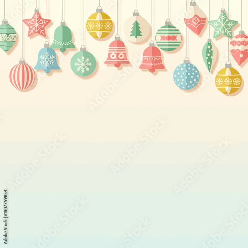 Colorful Christmas ornaments and bells hanging on strings against a cream background, festive holiday decorations.