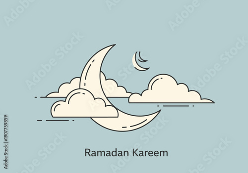 Crescent Moon Celestial Body Among Fluffy Clouds Under Night Sky Gentle Evening Ambiance Simple Line Art Decoration