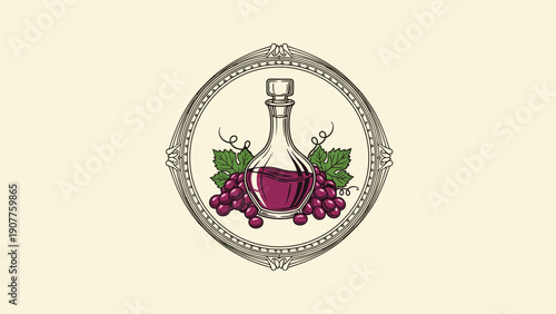 Elegant illustration of a glass decanter filled with red wine surrounded by fresh purple grapes and green leaves inside a decorative border.