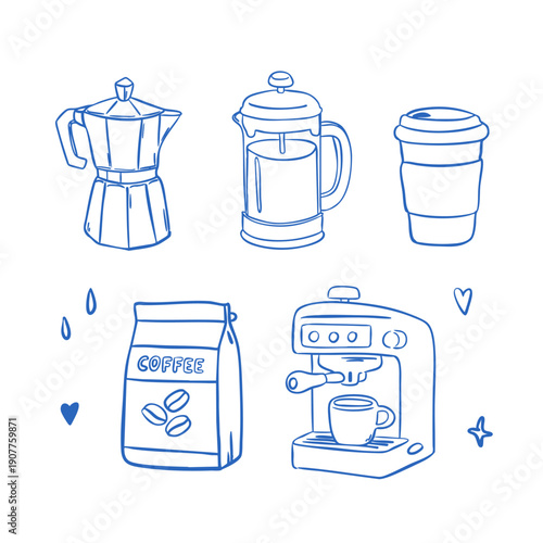 Coffee brewing tools set with moka pot, French press, takeaway cup and coffee machine. Vector illustration in quick sketch line art style, hand drawn doodle ink elements for cafe branding and menus.