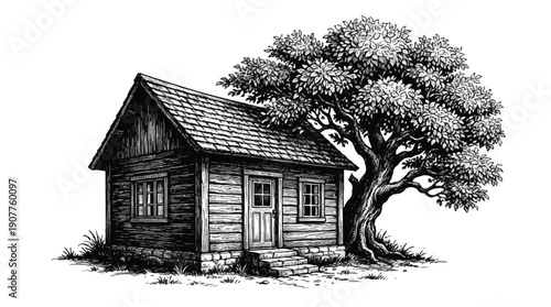 wooden house with tree beside it