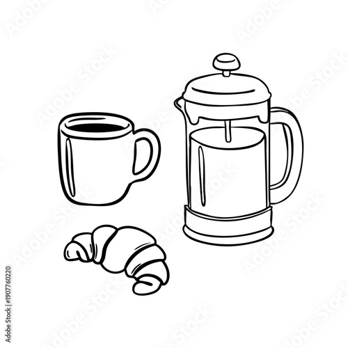 Coffee cup, French press and croissant clipart set. Vector illustration in quick sketch line art style, hand drawn doodle ink graphic. Great for cafe branding, menus, packaging and lifestyle design.
