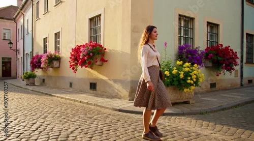 Woman walking on a cobblestone street with flowers
