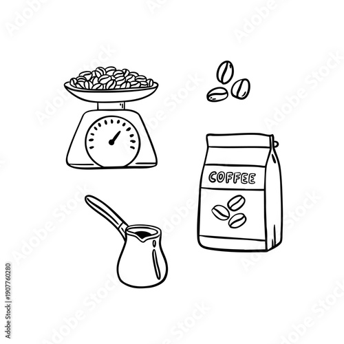 Coffee beans, coffee bag, cezve and scale set. Vector illustration in quick sketch line art style, hand drawn whimsical ink elements. Great for cafe menus, branding, packaging and coffee themed design