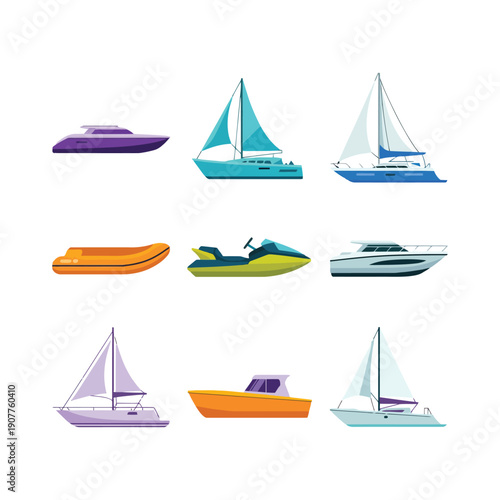 Modern watercraft collection vector design featuring yacht sailboat speedboat and personal watercraft