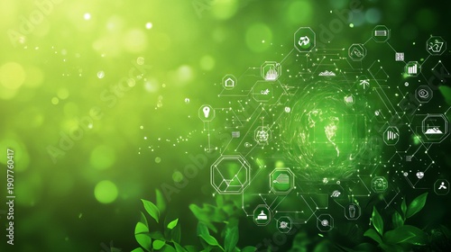 Green business and investment concept illustration with virtual screen and icons on eco-friendly background, space for text or banner design