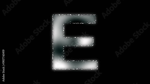 Soft letter E animation, white alphabet letter symbol with white plasma foggy effect and white particles outline