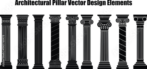 Various architectural pillar silhouettes displayed in a line, showcasing distinct classical styles and details