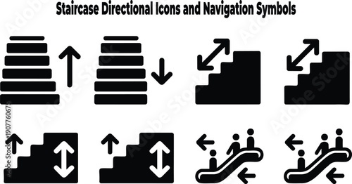 A collection of black staircase and escalator icons with directional arrows for navigation purposes