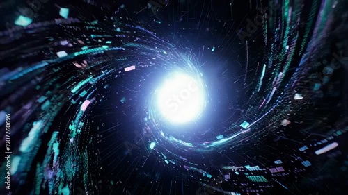 Abstract swirling tunnel of teal and purple light, leading to a bright white center