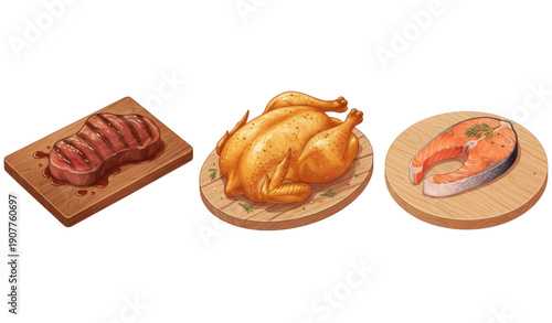 SEO-Friendly Title:
Set of Steak, Chicken, and Fish on Wooden Cutting Boards Vector Illustration