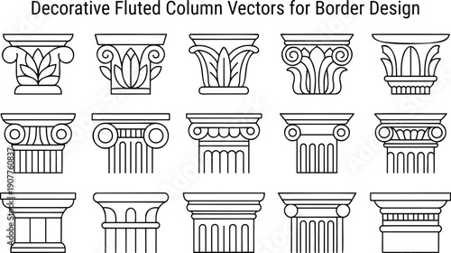A collection of fifteen decorative column capitals and bases showcasing different classical architectural styles