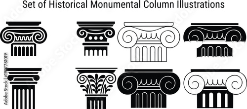 A collection of historical monumental column capitals and shafts presented in outline and silhouette styles