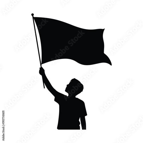 Silhouette of a person holding up a black flag, symbolizing protest or anarchy