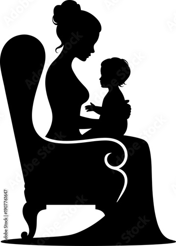 International Mother's Day Elegant Vintage Silhouette Vector of Mother and Baby Bonding on a Victorian Chair – Celebrating Maternal Love, Care, and Family Connection.
