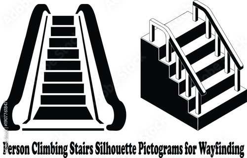 Black and white pictogram featuring an escalator and a three dimensional staircase