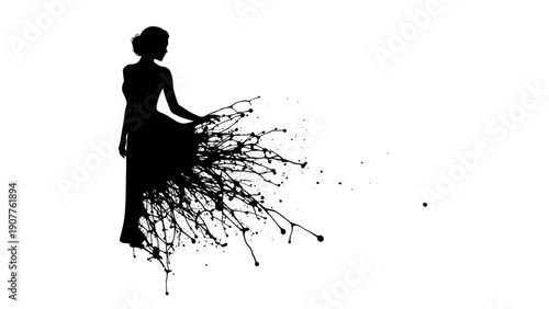 Ethereal silhouette of a woman in flowing dress with black ink splash