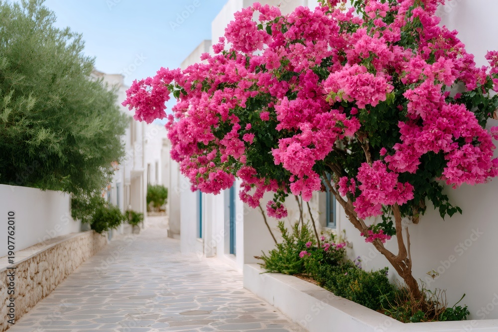 Fototapeta premium Bougainvillea flowers blooming in narrow Greek alley