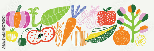 Colorful Vegetable Collage Cutouts in Playful Crayon Style, Irregular Carrots, Pumpkins, Broccoli, and Fruits, Fun Hand-Drawn Doodle Scrapbook Stickers for Kids and Creative Design