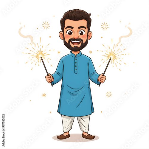 Indian boy holding sparklers during Diwali night, smiling cartoon faces, festive outfits, vector caricature