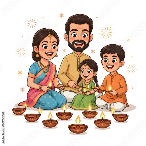 Indian family lighting diyas together during Diwali, colorful ethnic clothes, joyful expressions, cute vector caricature