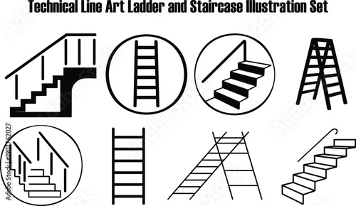 Collection of black and white graphics showing different types of stairs and climbing ladders