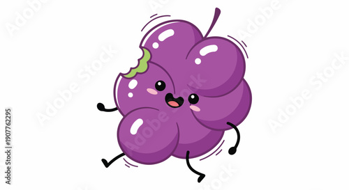 A cheerful cartoon bunch of three purple grapes with a green stem and smiling face running on a white background with motion lines.