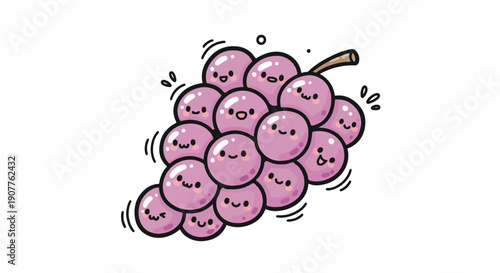 A cartoon bunch of purple grapes with smiling faces and motion lines on a white background in a playful style.