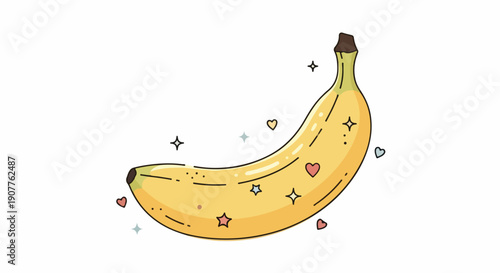 Illustration of a yellow banana with colorful heart and star decorations on a white background.