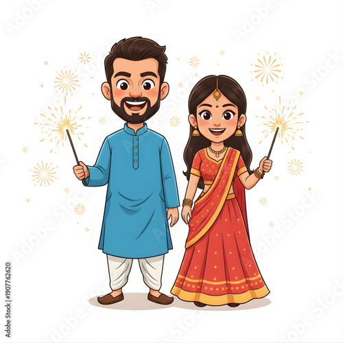 Indian couple holding sparklers during Diwali night, smiling cartoon faces, festive outfits, vector caricature
